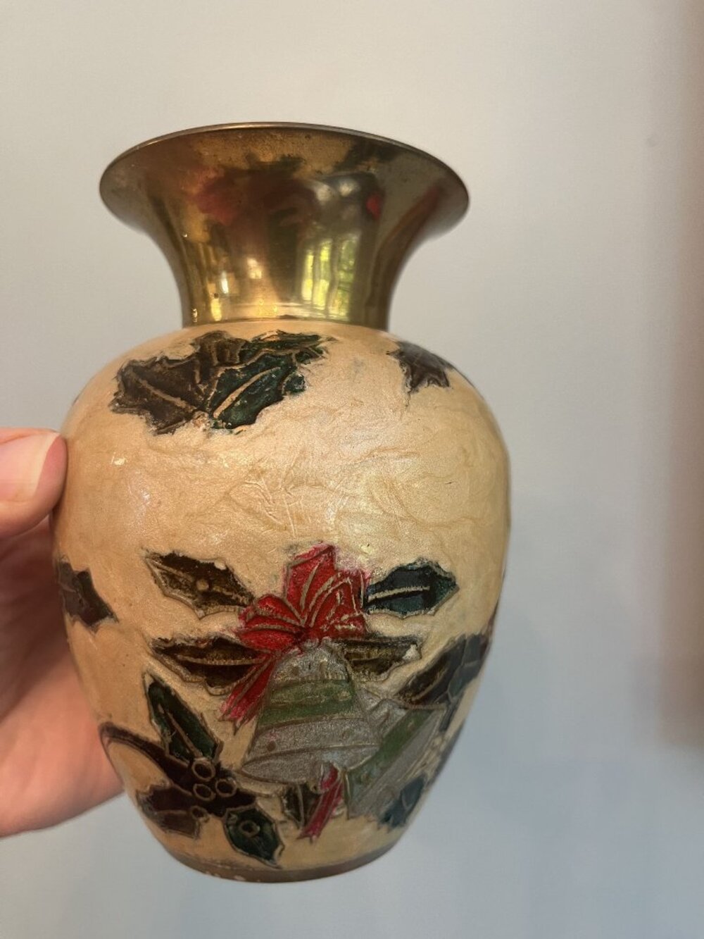 Vintage Brass Vase With Hand-Painted Holly & Bells Christmas Design